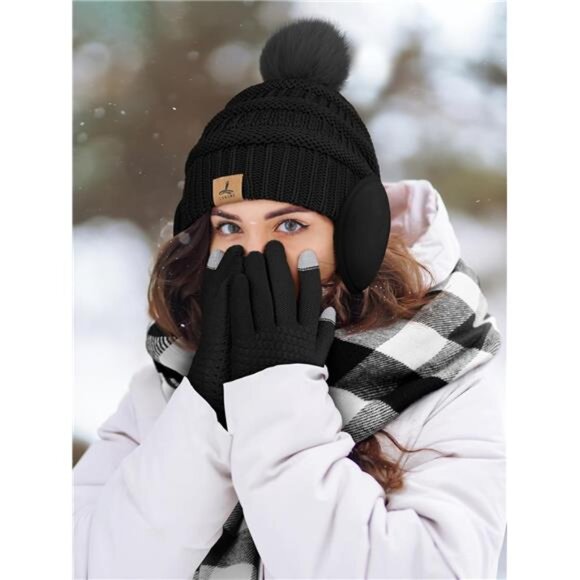 Winter Hat Scarf Gloves and Ear Warmer, Knit Warm Beanie Hat Touch Screen - Picture 6 of 7